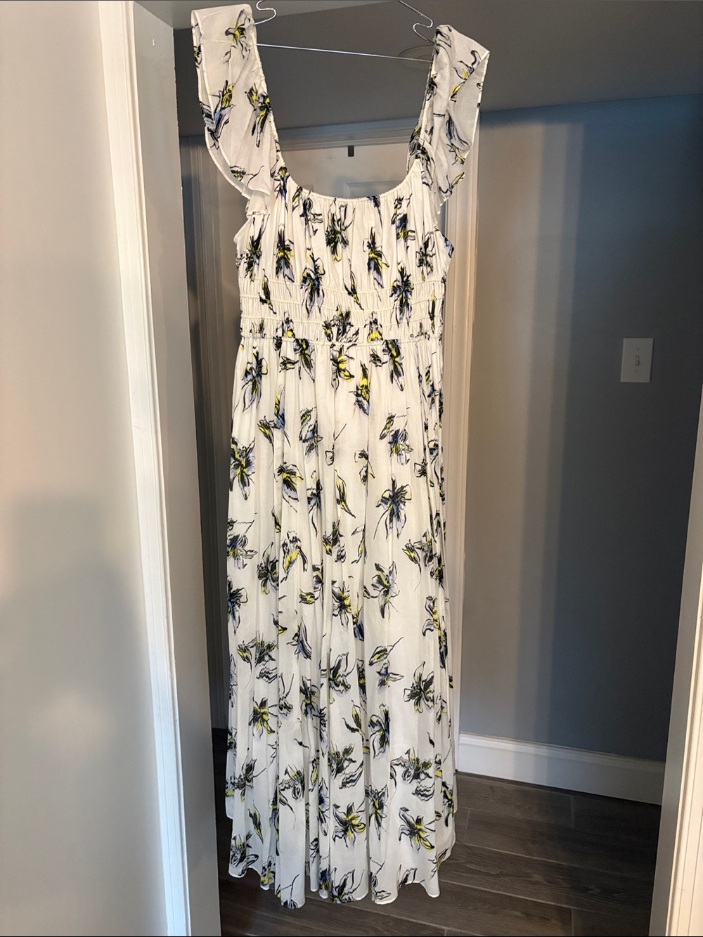 Tanya Taylor White Floral Maxi Dress with Yellow & Navy Accents